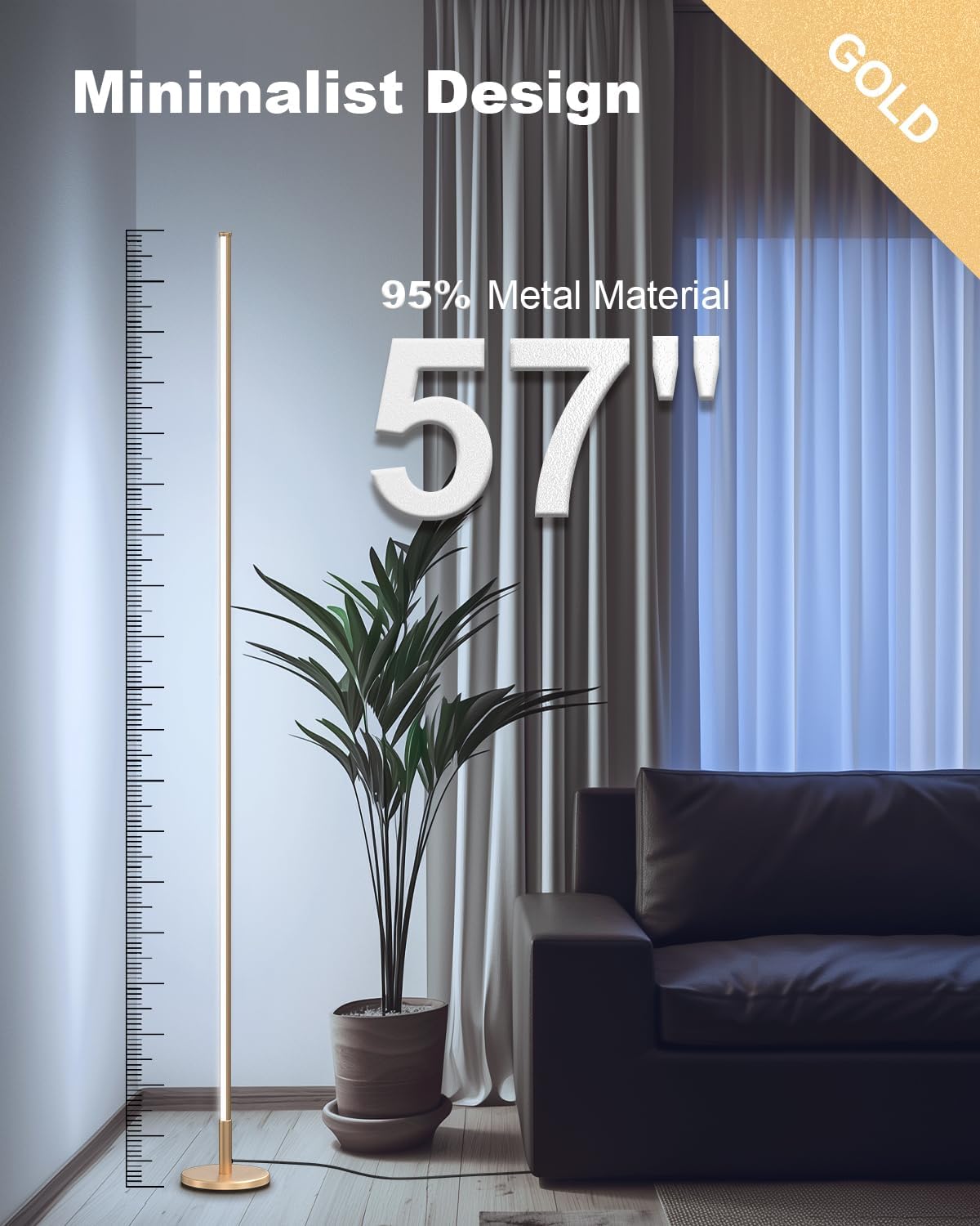 Floor lamp with height measurement in a living room setting, labeled 'Minimalist Design' and '95% Metal Material'.