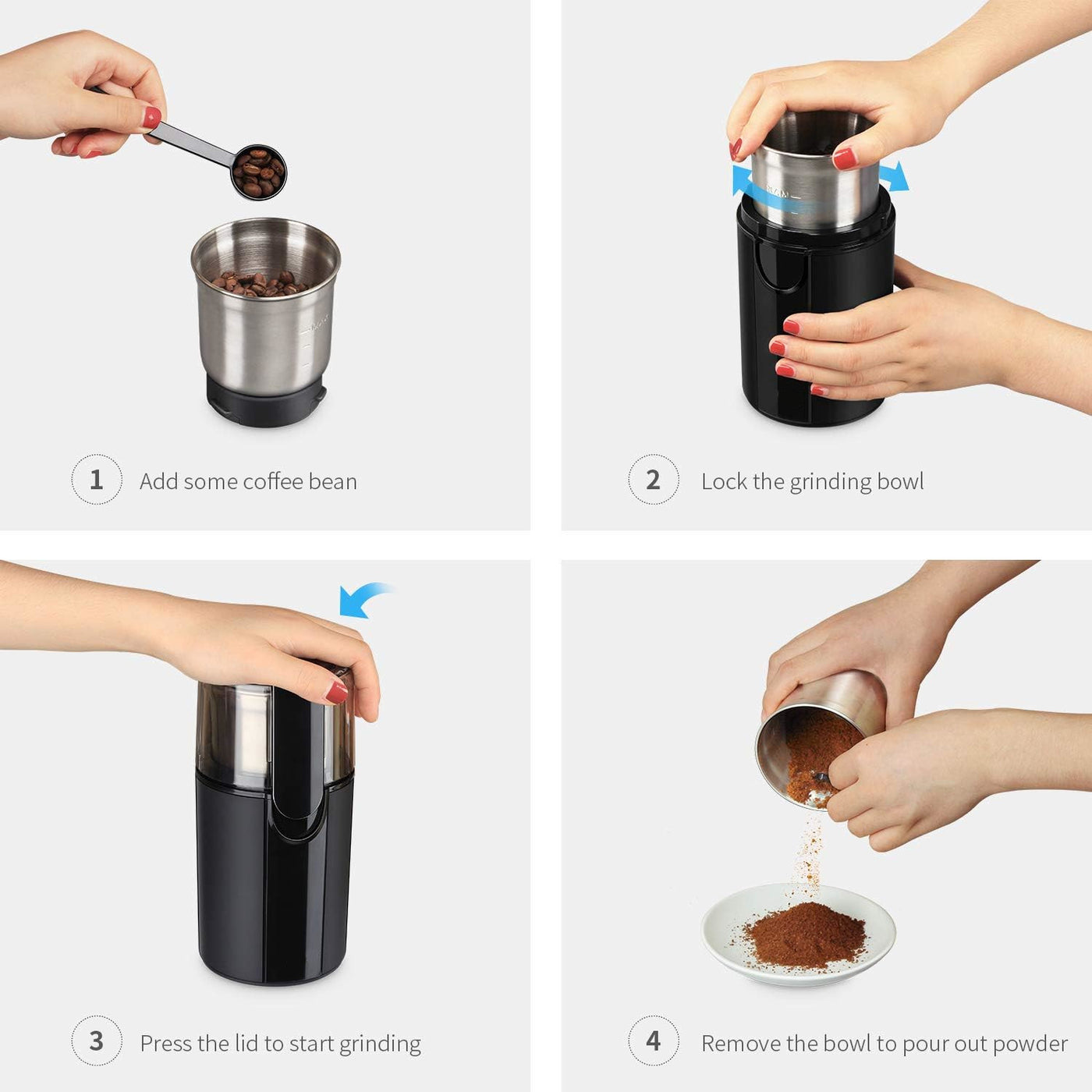 COFFA® Electric Coffee Grinder – 70g, 200W, 2 Stainless Steel Bowls, Wet & Dry
