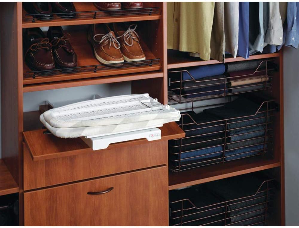 Closet with wooden shelves containing shoes, folded clothes, and an ironing board.