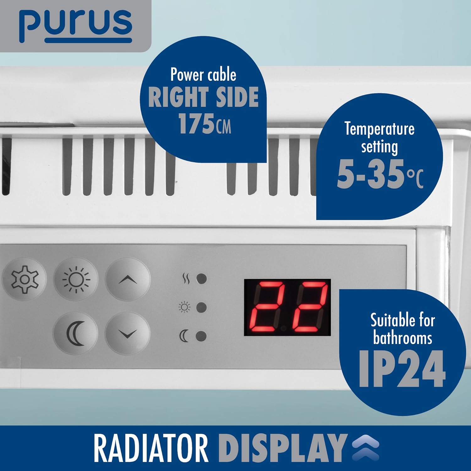 1200W White Electric Radiator Heater with Thermostat Wall Mounted Purus