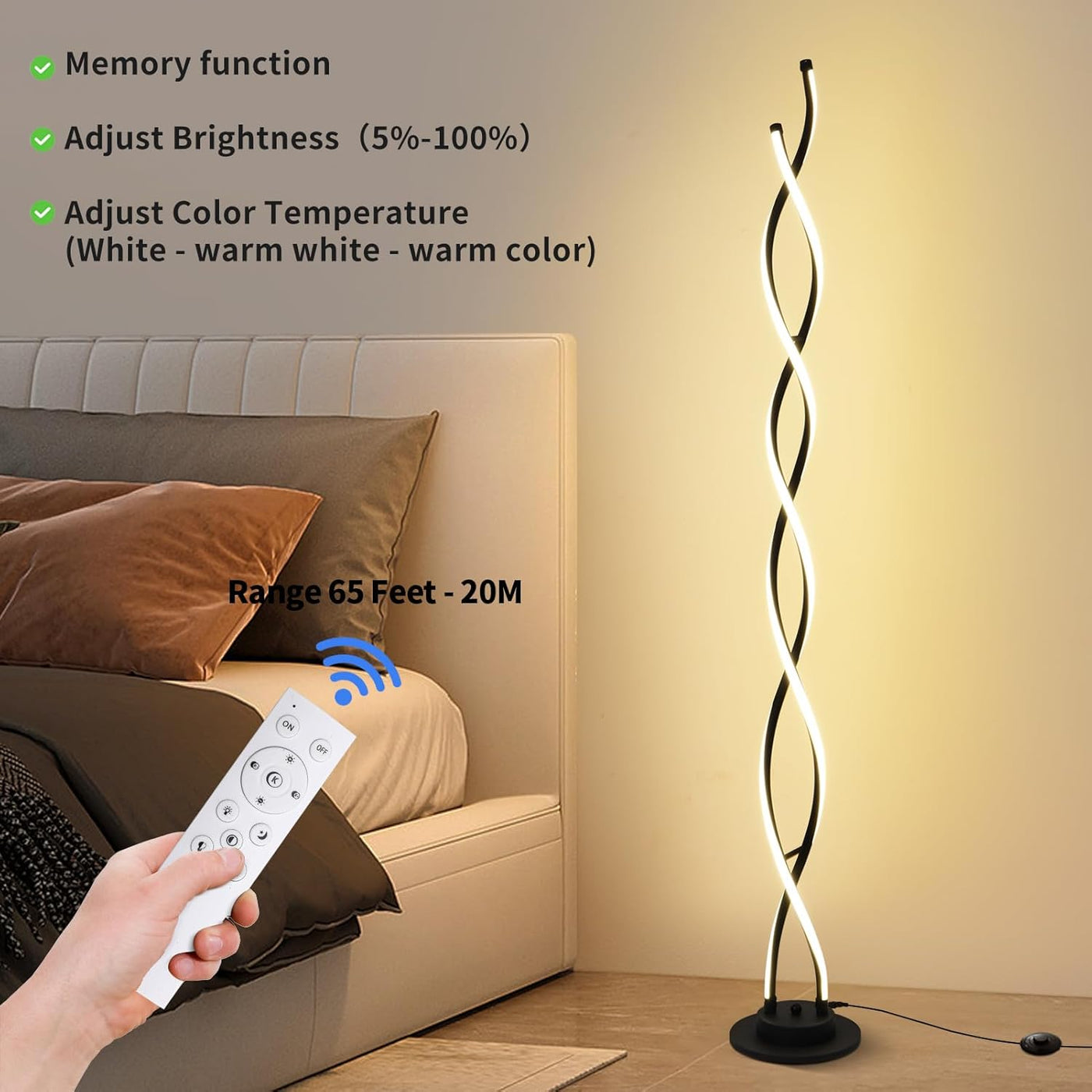 Floor lamp with remote control in a bedroom setting, highlighting features like memory function, brightness adjustment, and color temperature control.