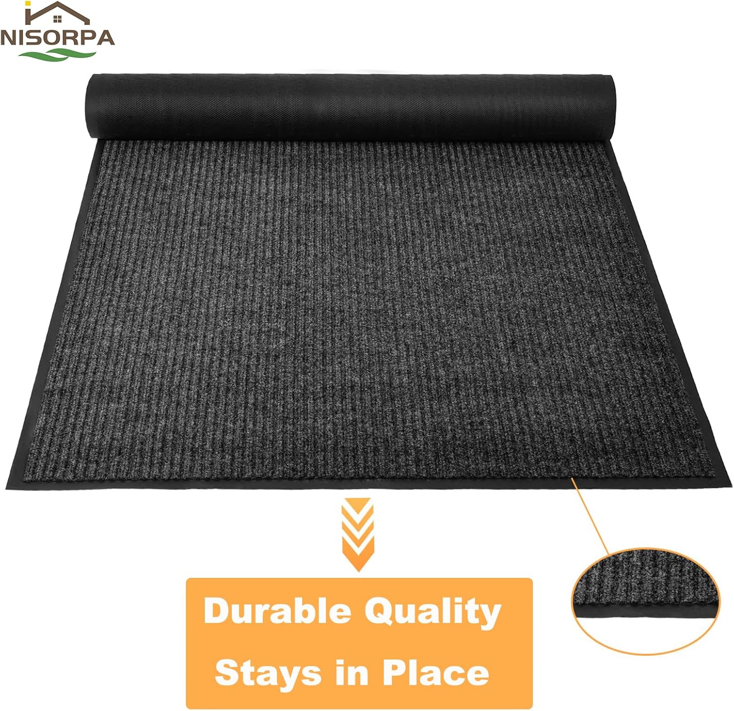 Black mat rolled out with Nisorpa branding and durability text on a white background