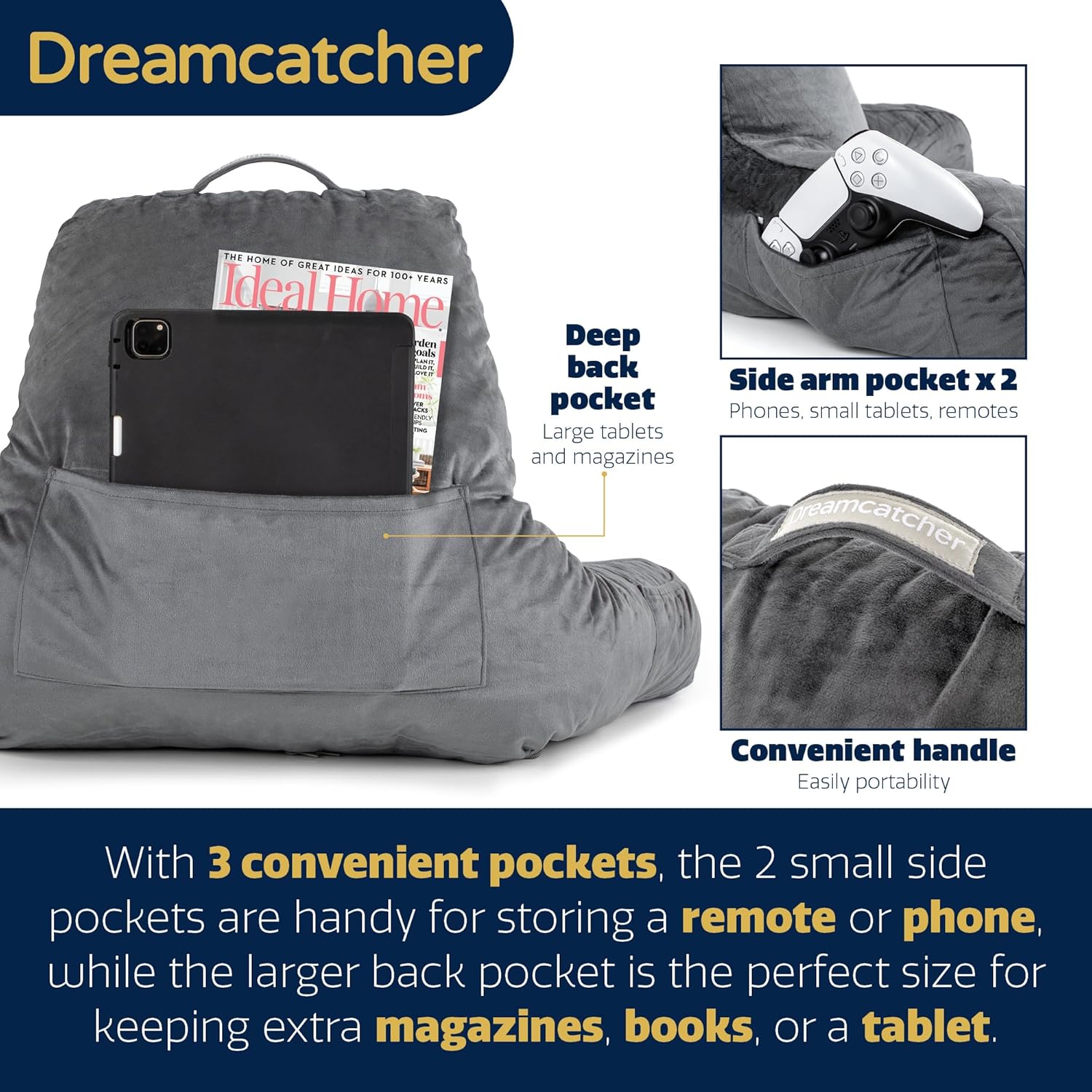Gray backpack with features highlighted, including a deep back pocket, side arm pockets, and convenient handle.