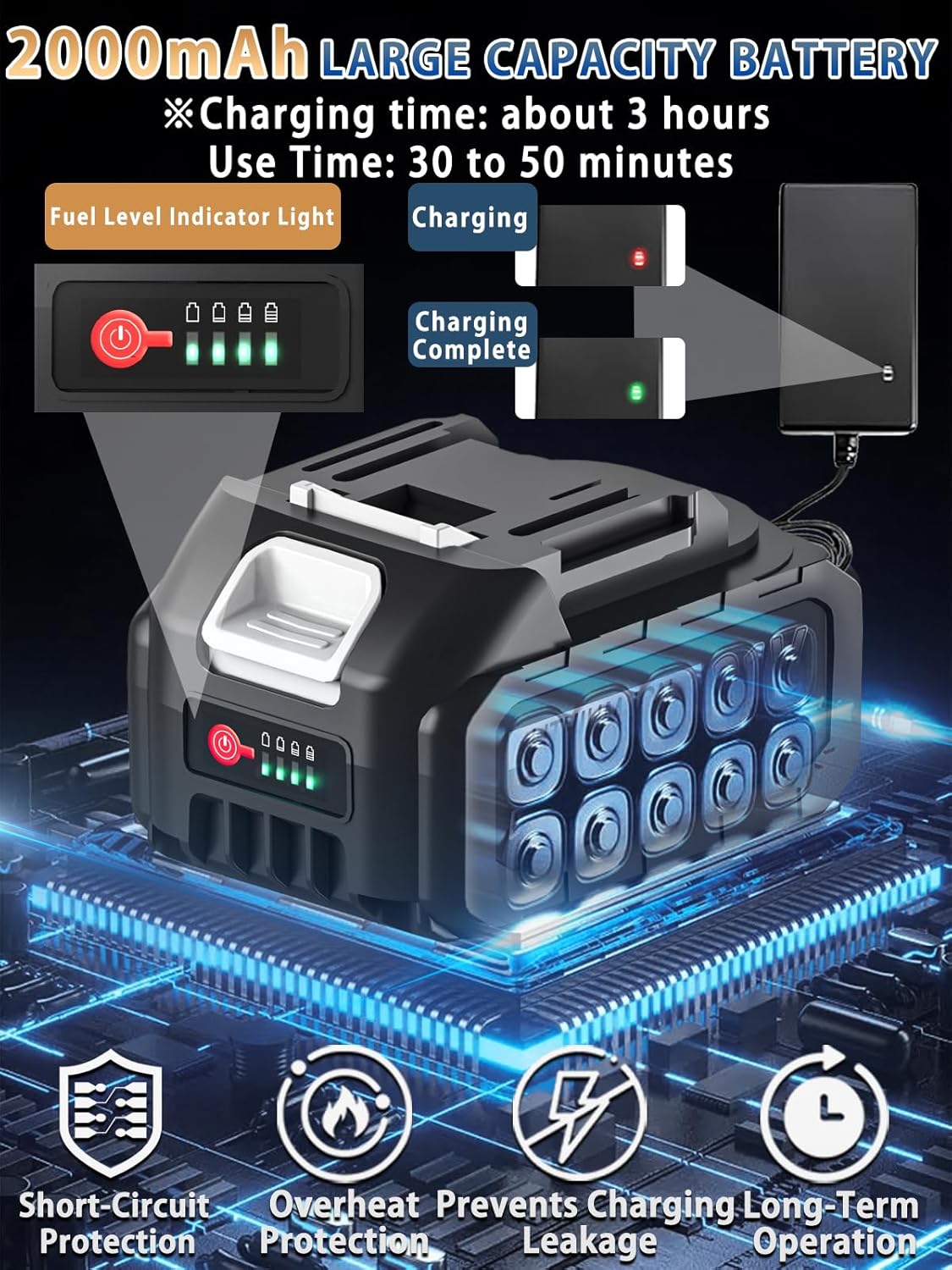 Battery pack with charging indicators and features on a dark background