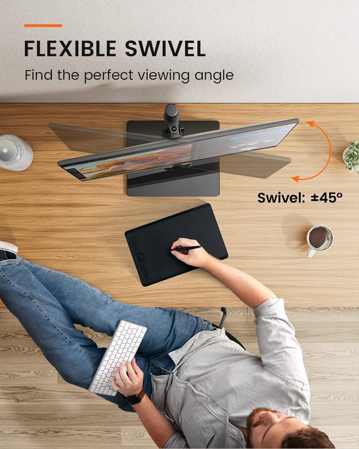 Person using a tablet on a flexible swivel stand with text highlighting its features.