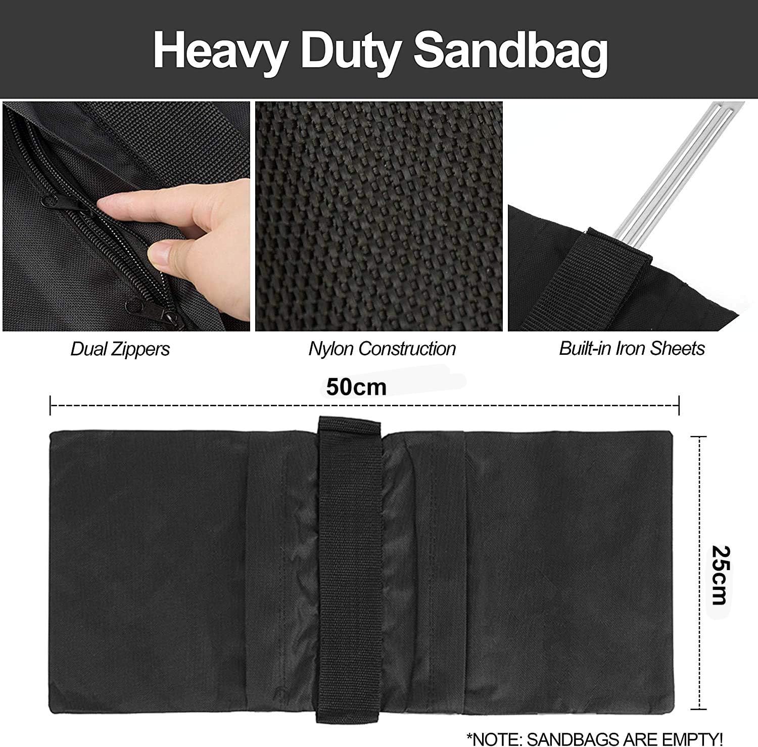 Heavy-duty sandbag with features and measurements shown