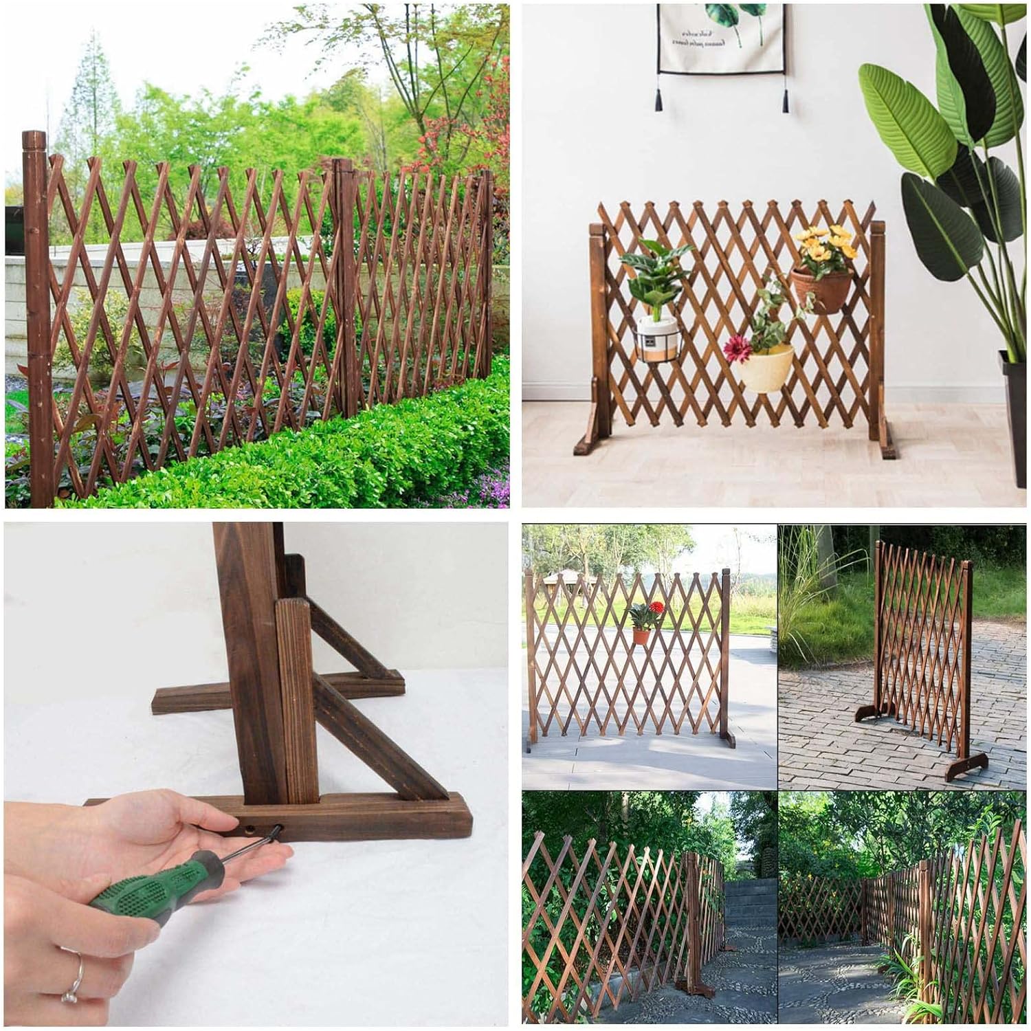 Collage of wooden lattice screens in various settings