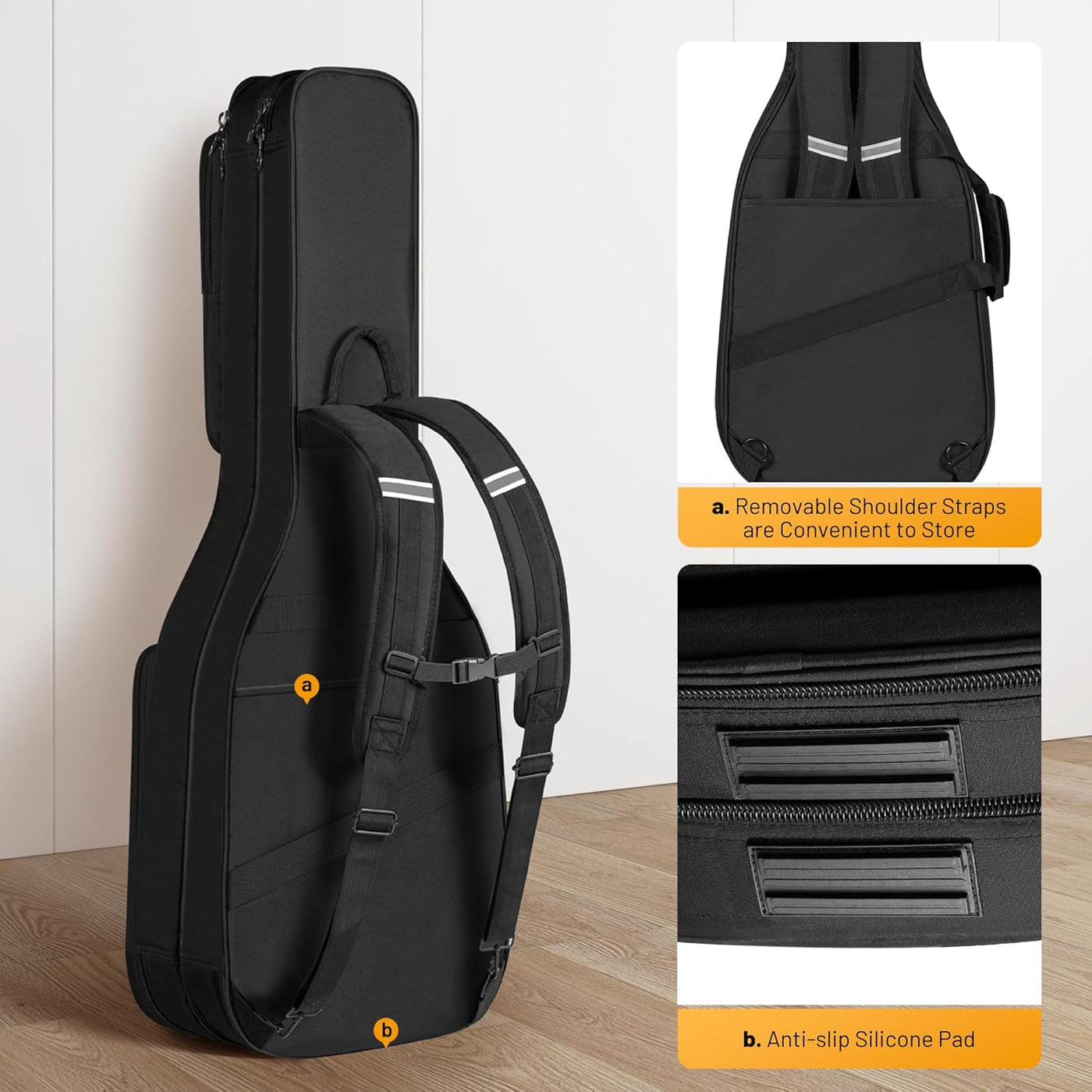 Black guitar case with removable shoulder straps and anti-slip silicone pad on a wooden floor.