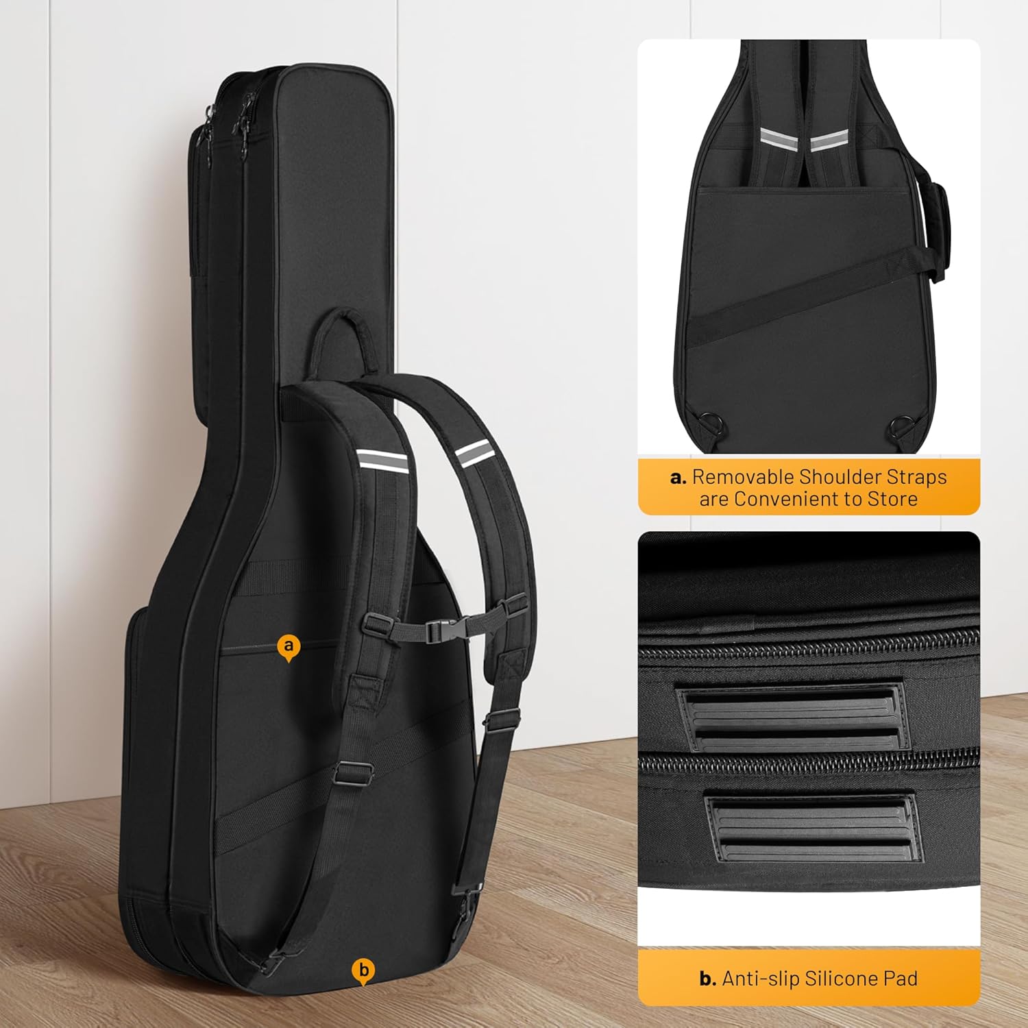 Black guitar case with removable shoulder straps and anti-slip silicone pad on a wooden floor.