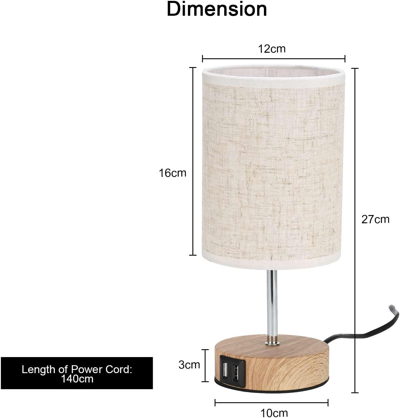 Table lamp with dimensions labeled on a white background