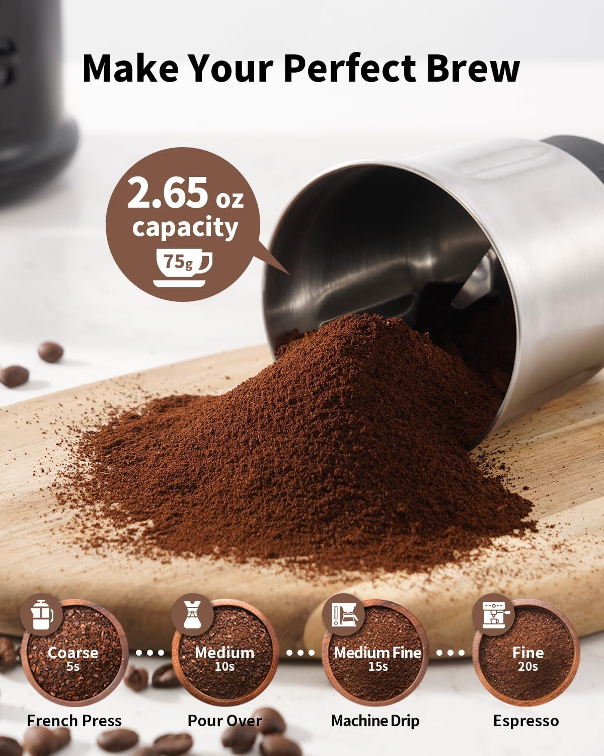 Coffee grinder with coffee grounds and brewing method guide on a wooden surface