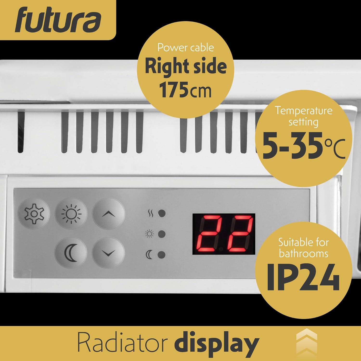 Futura radiator display with control panel and temperature settings on a black background