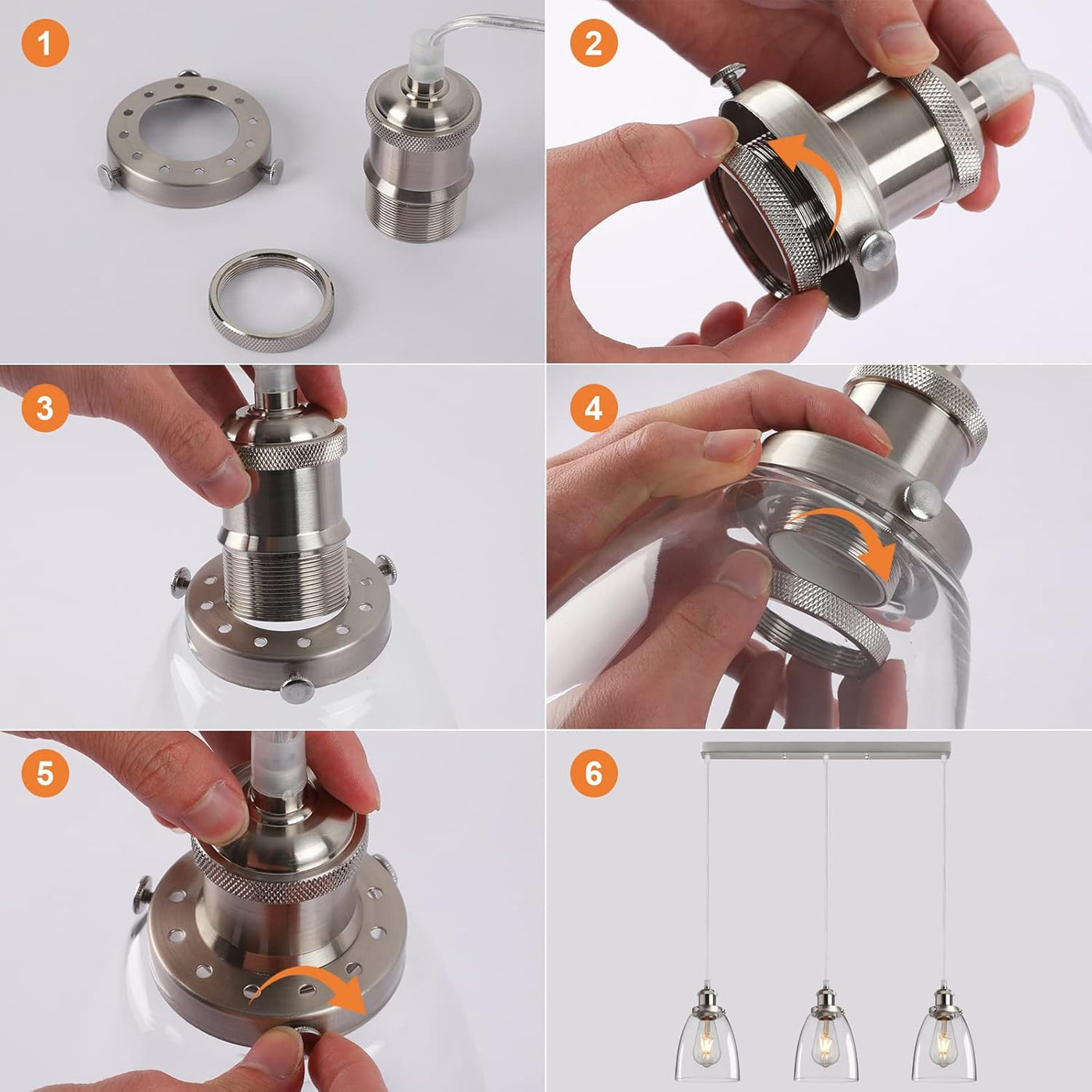 Step-by-step assembly of a metal pendant light fixture on a white background.