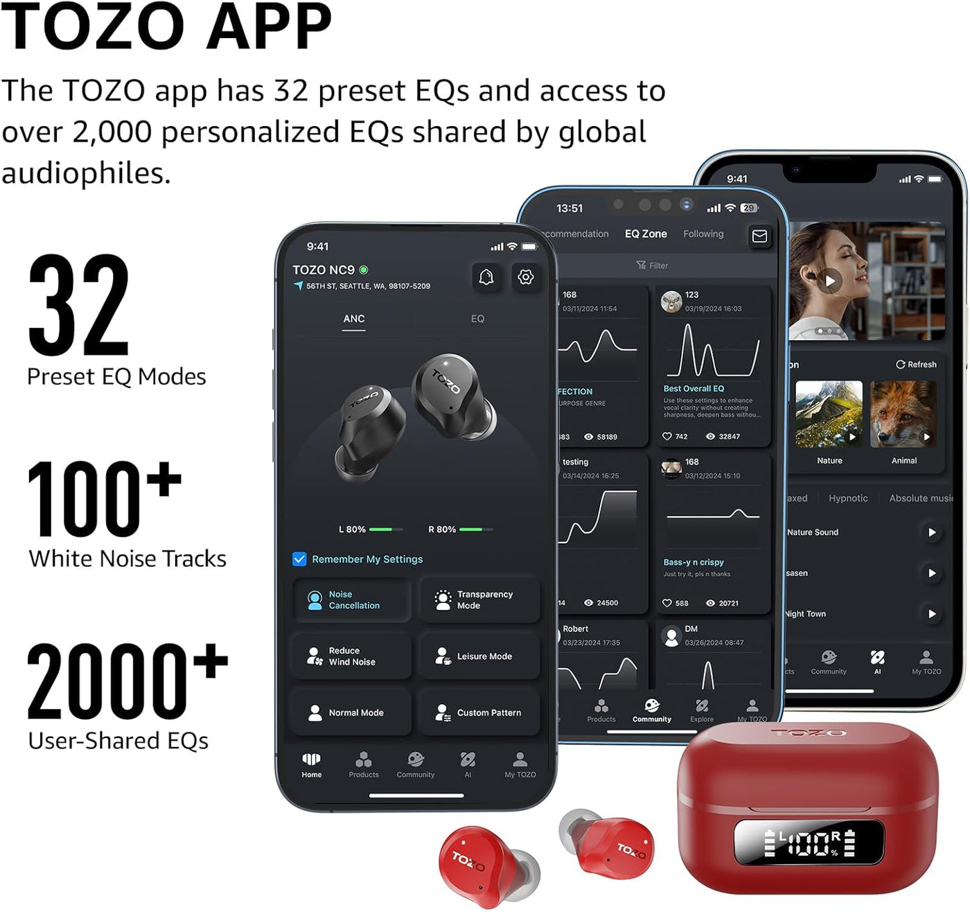 TOZO app interface with earbuds and charging case on a white background