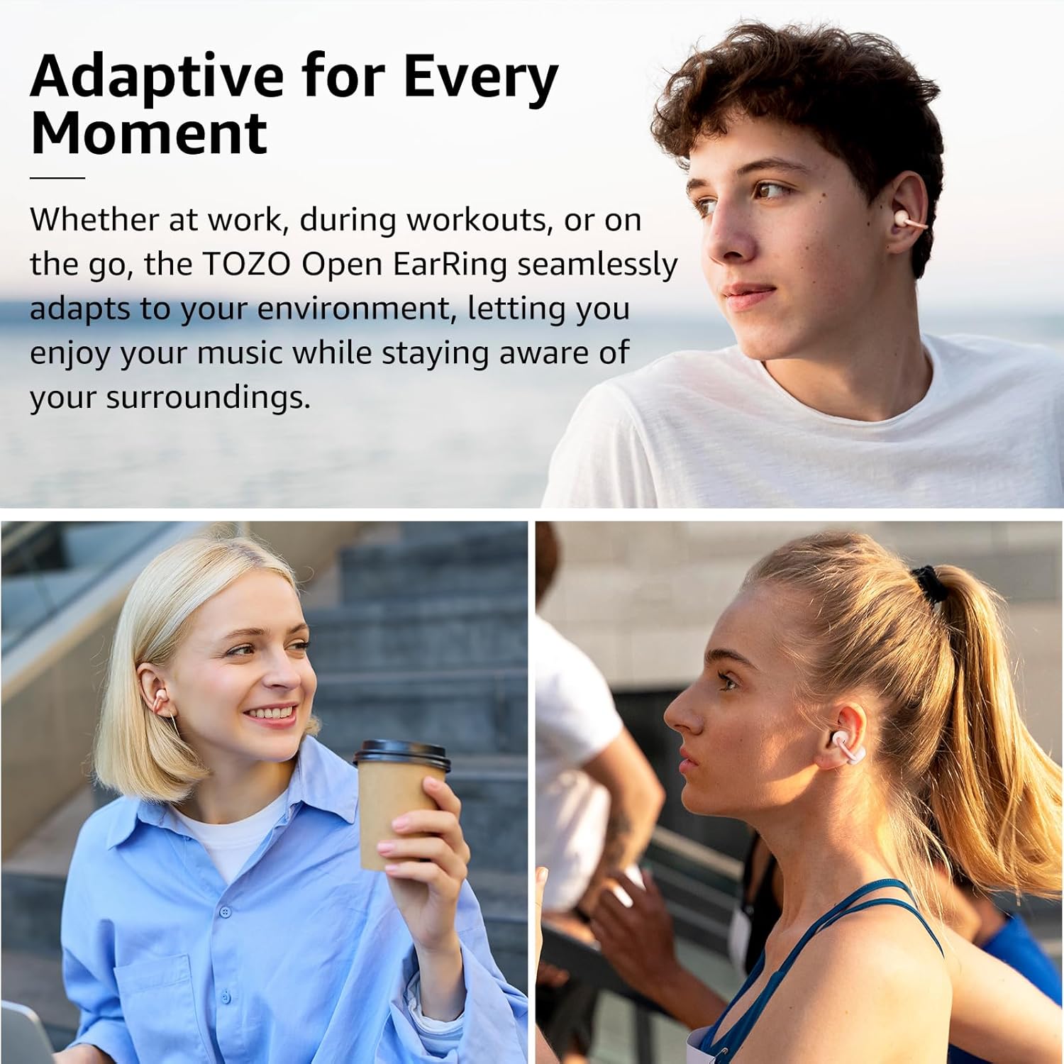 Person wearing TOZO Open EarRing with text about its adaptability in various situations.
