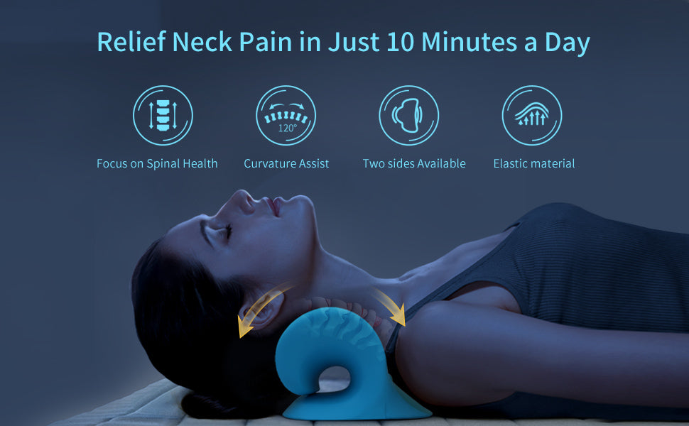 Person using a neck pillow with text on relief neck pain and product features.