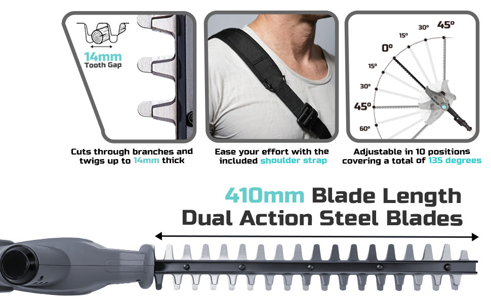Gardening tool with blade length and features displayed on a white background
