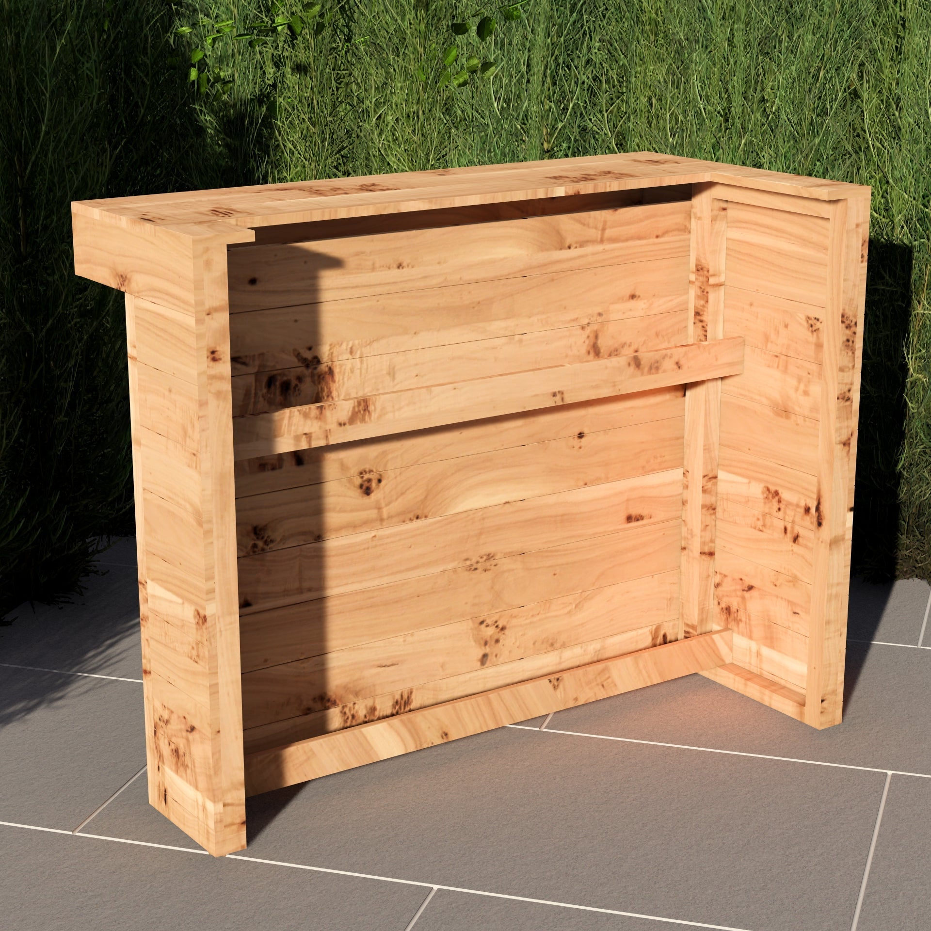 Wooden planter box on a tiled floor with green grass in the background