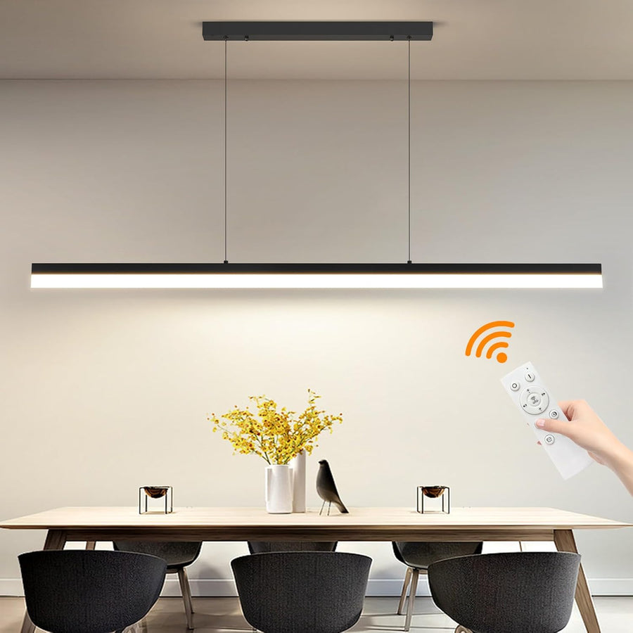 Modern pendant light fixture with remote control in a dining room setting