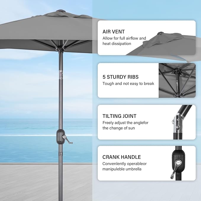 Half Rectangular Patio Parasol UV30+ Tilt Crank Handle Angel Living