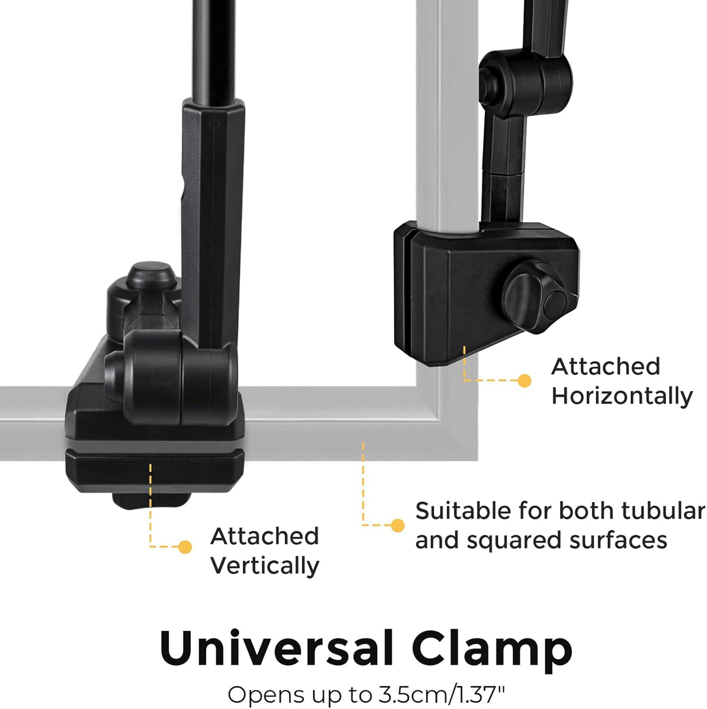 Universal clamp attached to a surface with text indicating its versatility.
