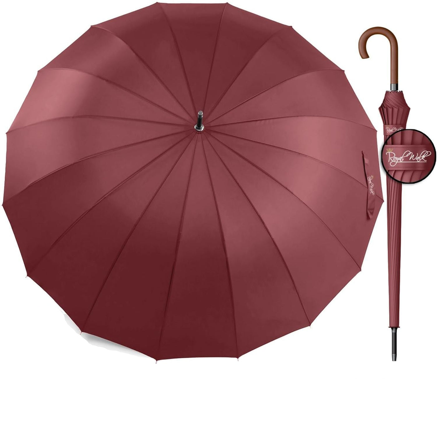 Red umbrella with handle and carrying case on a white background