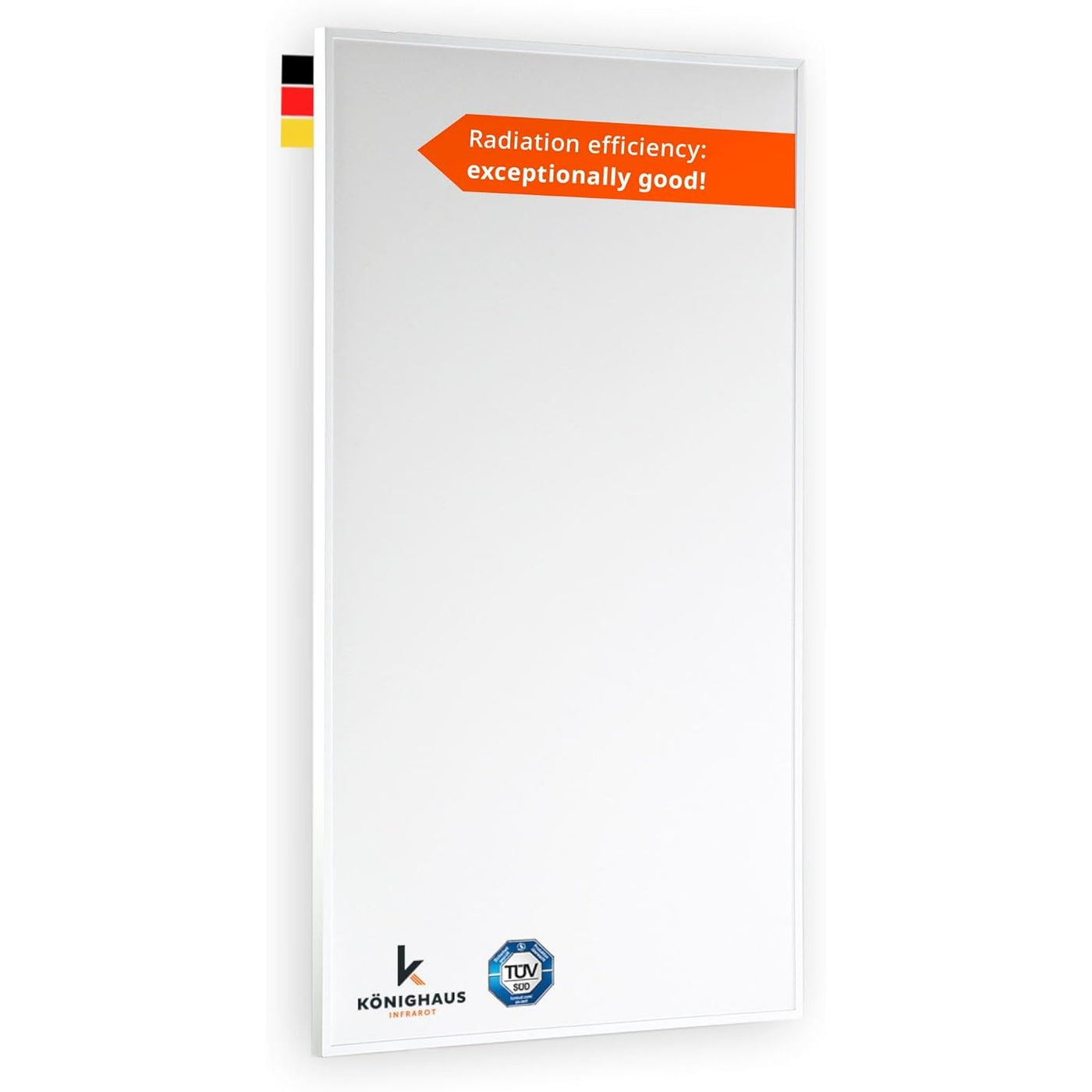 Product packaging with text 'Radiation efficiency: exceptionally good!' and a logo on a white background