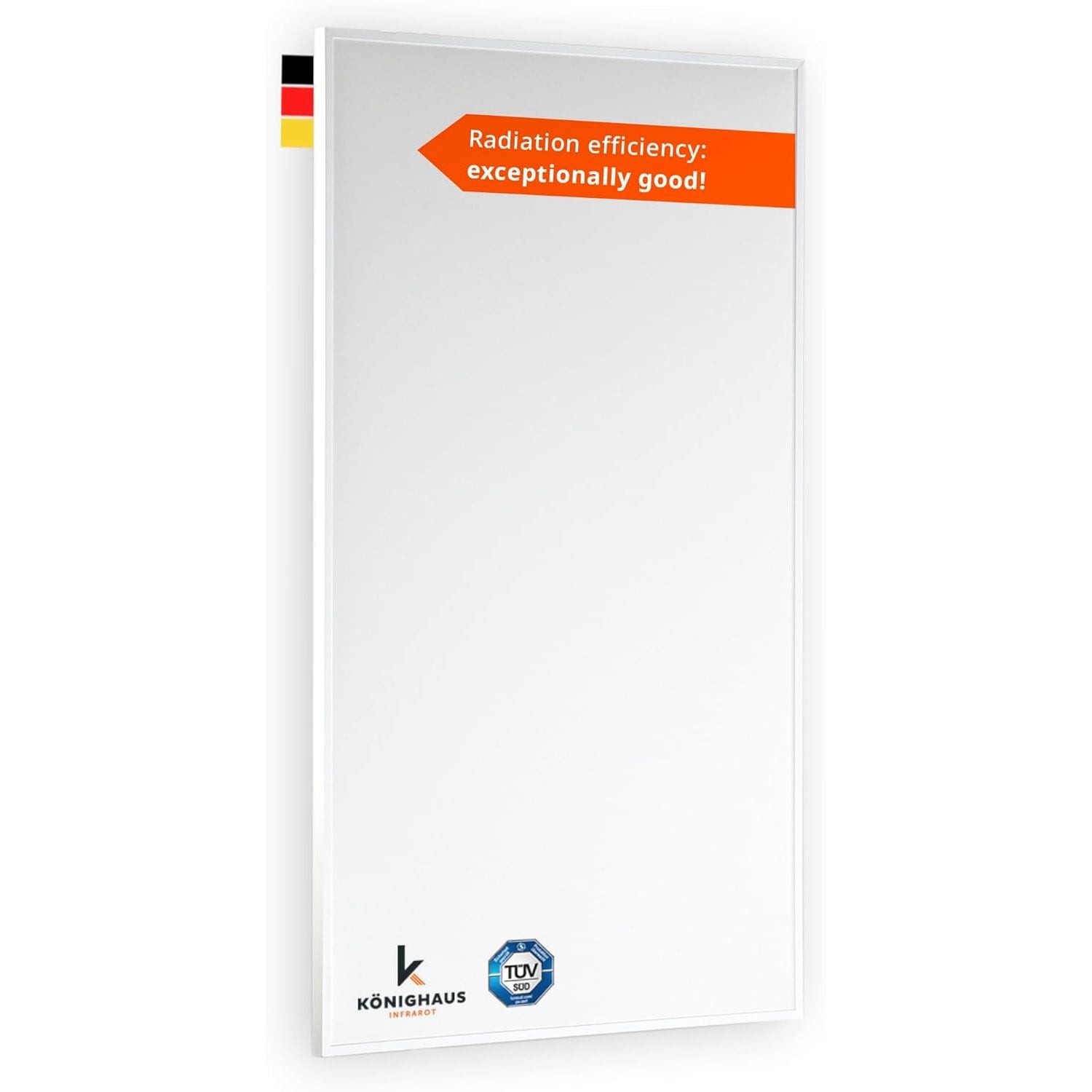 Product packaging with text 'Radiation efficiency: exceptionally good!' and a logo on a white background