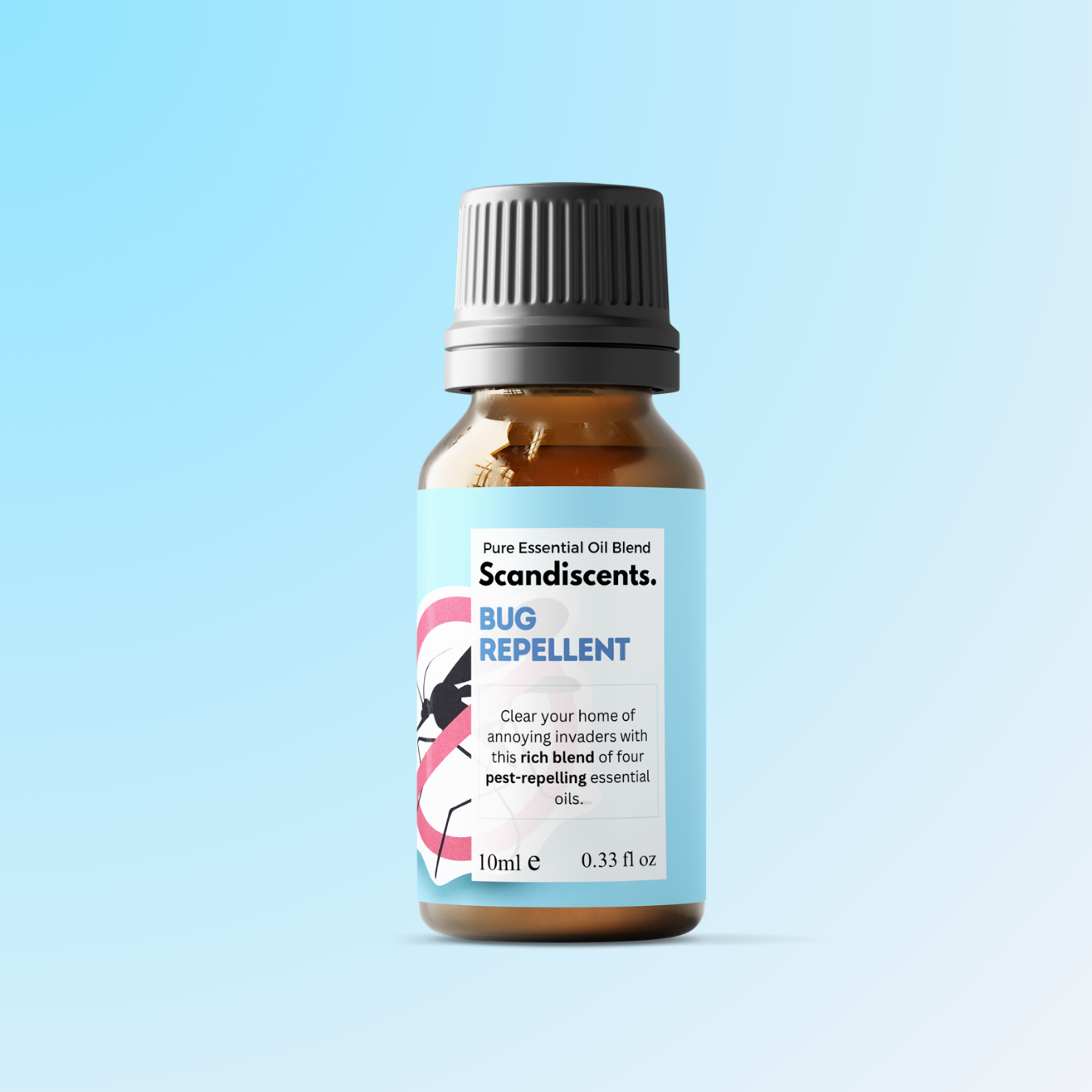 Scandiscents bug repellent oil bottle on a light blue background