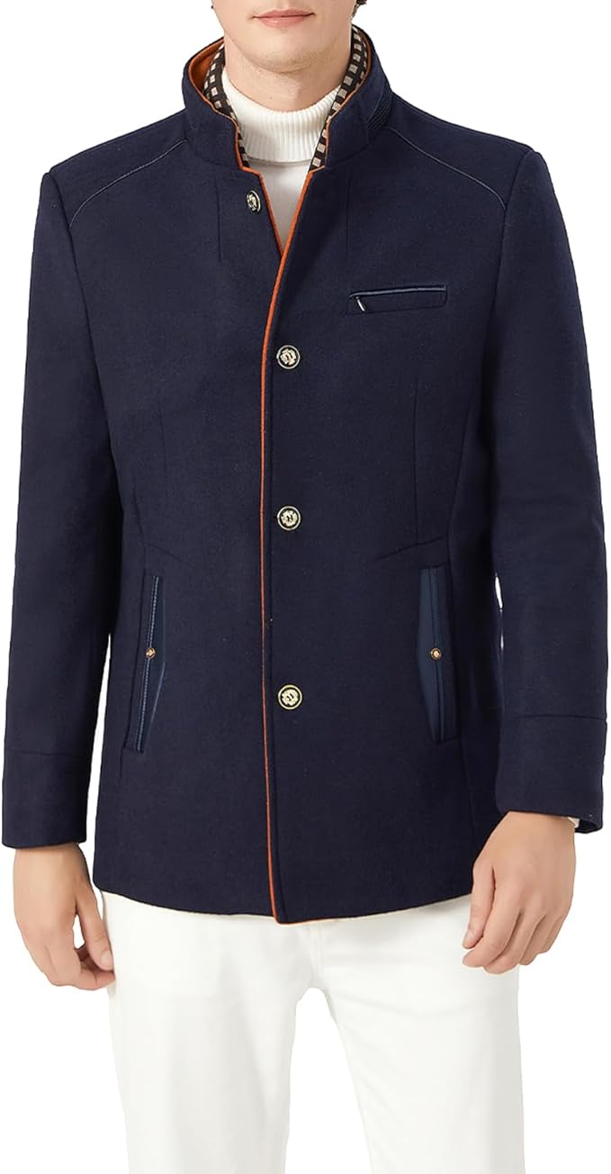 Navy blue coat with white pants on a white background