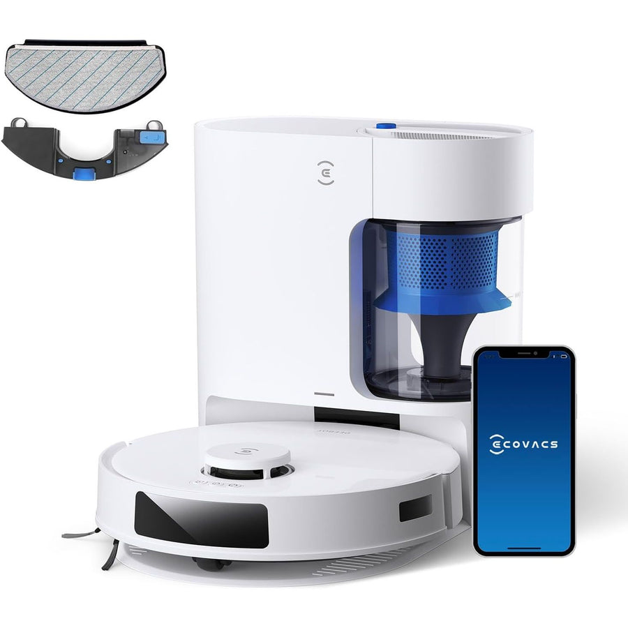 Robotic vacuum cleaner with app on smartphone and additional cleaning tool on a white background