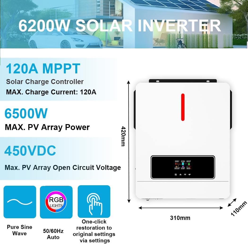 Solar Hybrid Inverter 6.2KW MPPT 120A 24V 48V WiFi Off Grid Y&H 6500W