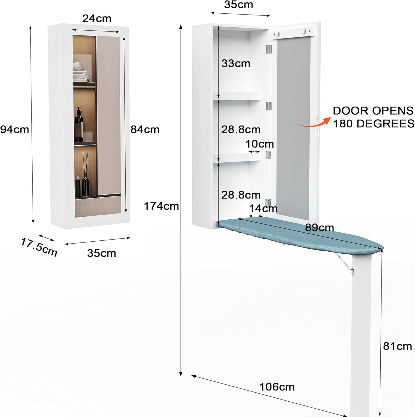 Wall Mounted Ironing Board Cabinet Foldable Iron Storage Mirror Space Saving