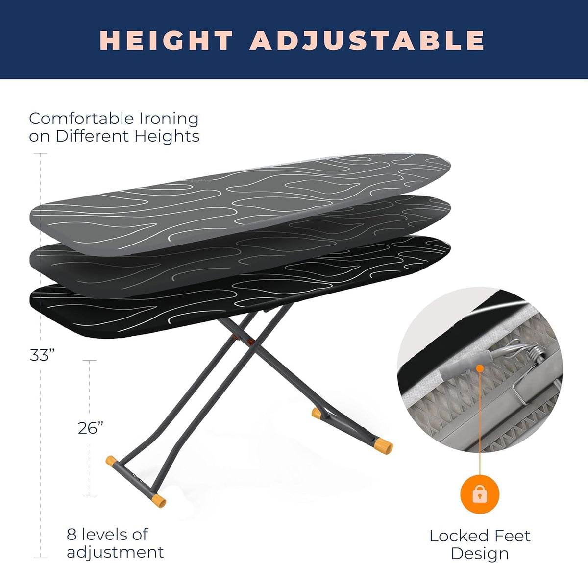 Ironing Board 110x33cm Compact Adjustable Height 3 Layer Cover Black Happhom