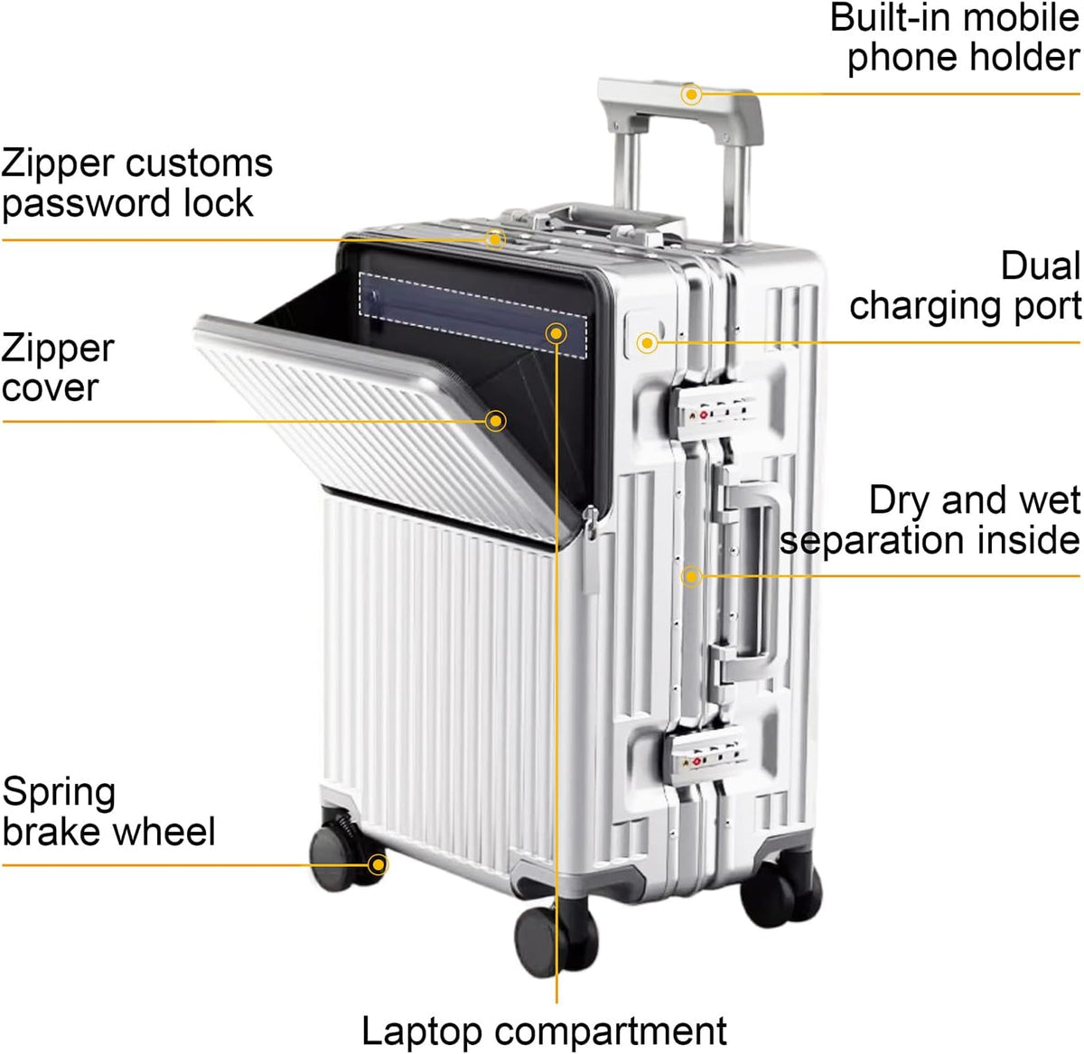 20 Inch Carry On Suitcase TSA Lock Hard Shell Aluminium Frame Silver Cabin Luggage