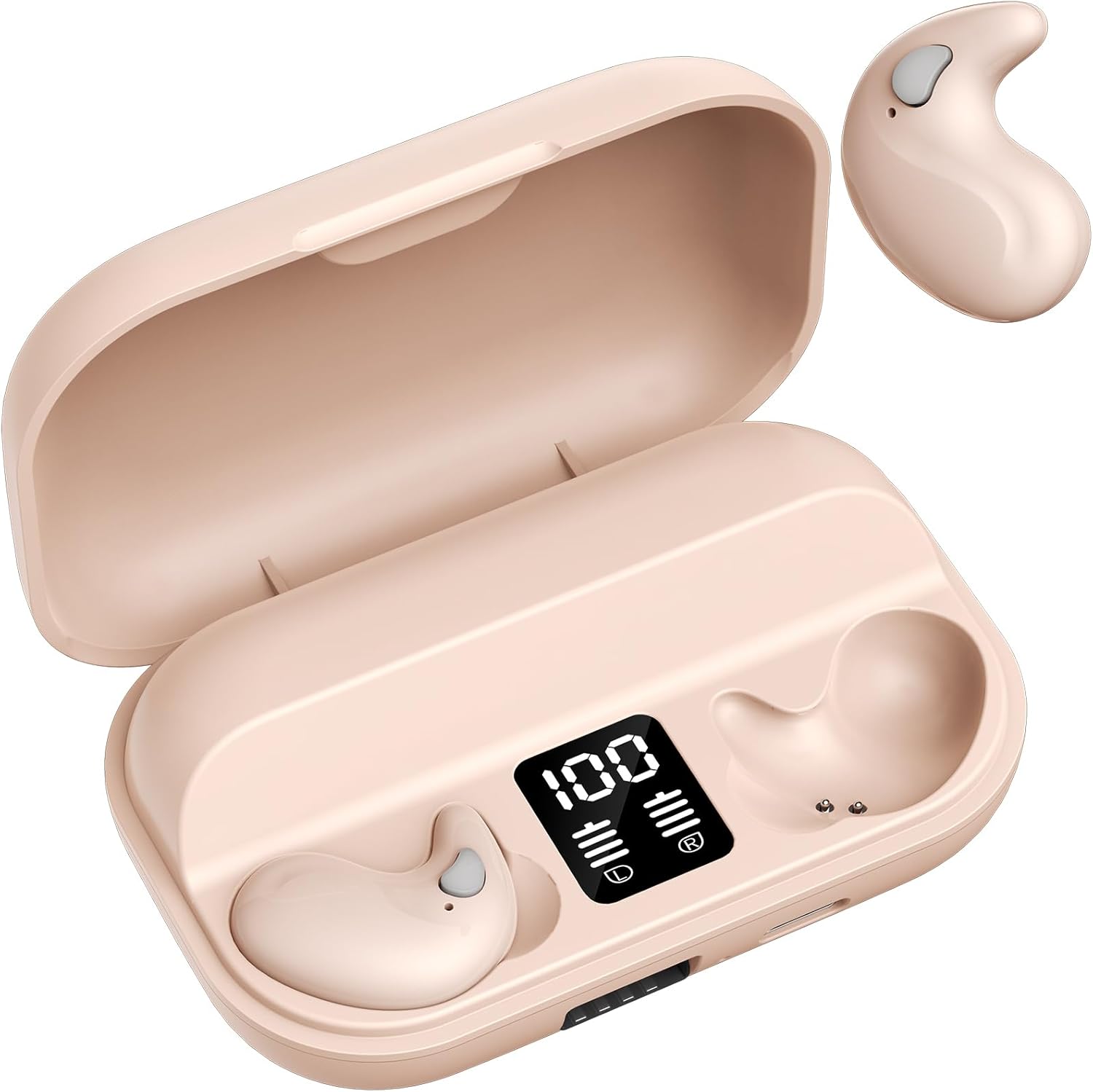 Beige wireless earbuds with charging case on a white background