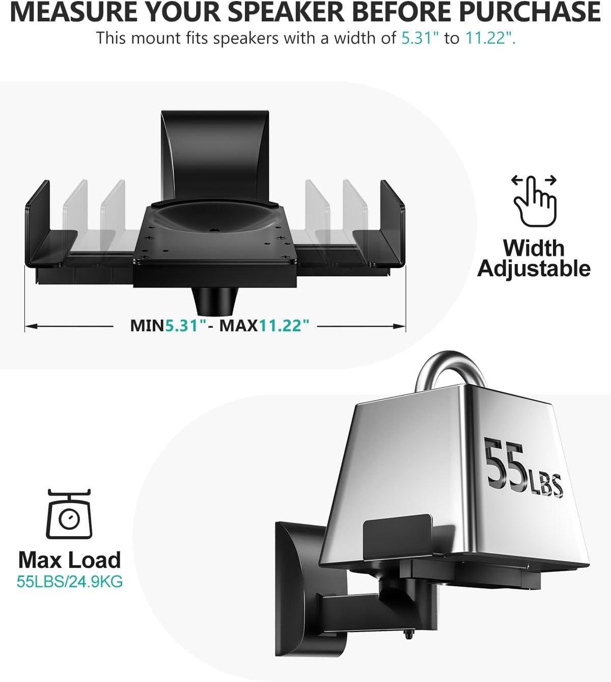 Speaker Wall Mounts Adjustable Bookshelf Speaker Brackets Pair WALI Black