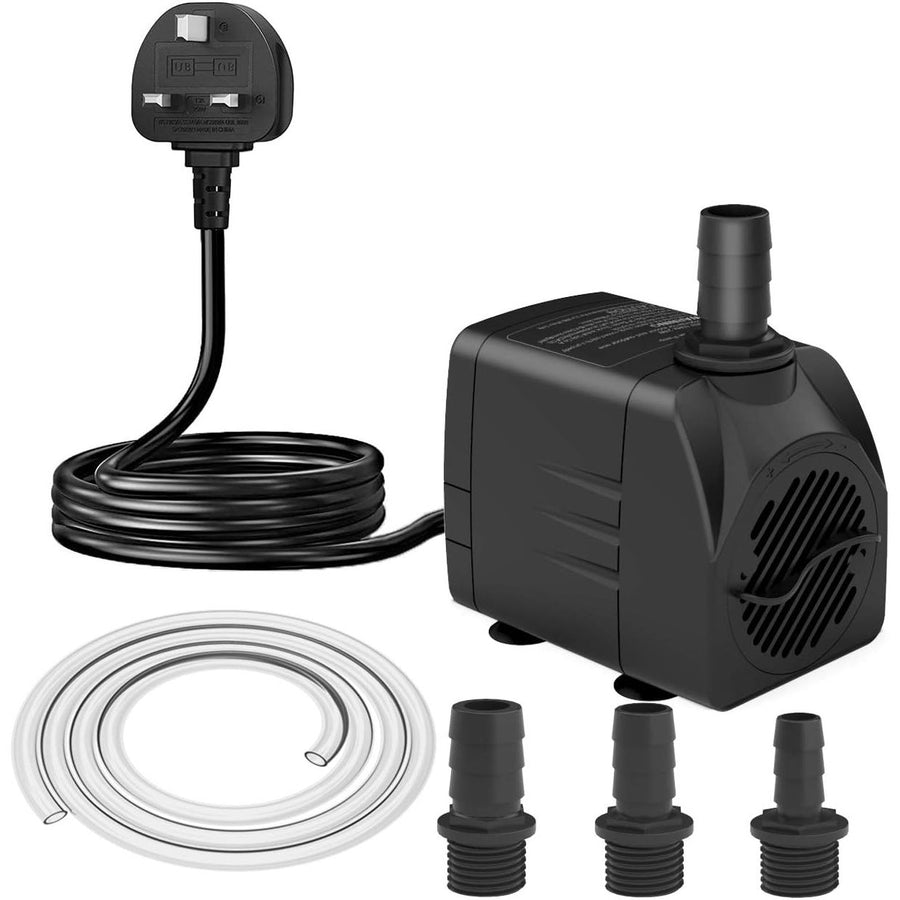 Pump kit with black pump, power cable, white hose, and connectors on a white background
