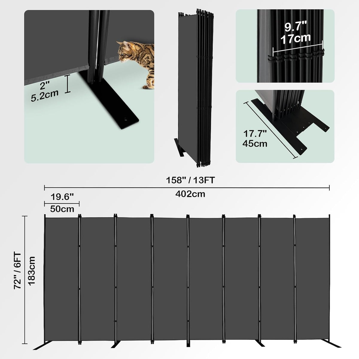 Room Divider 8 Panel 402x183cm Folding Privacy Screen Freestanding Grey KEORTUN