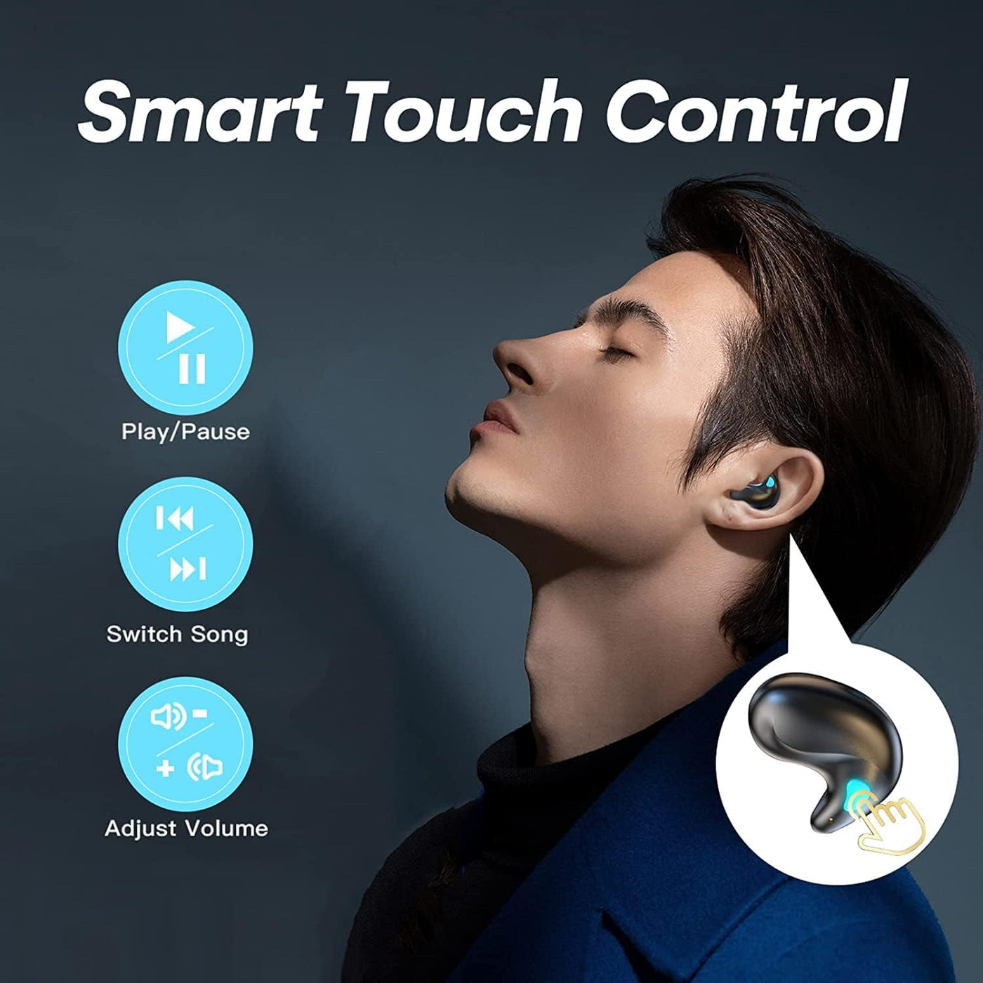 Person wearing a smart earbud with touch control icons displayed.