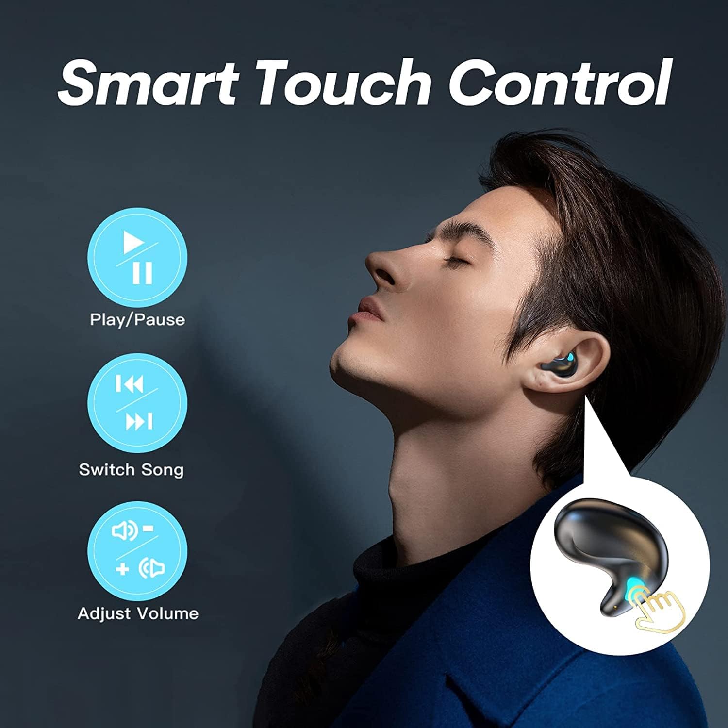 Person wearing a smart earbud with touch control icons displayed.