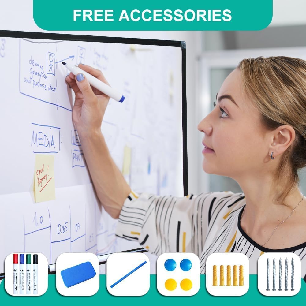 Magnetic Whiteboard 90x60cm Wall Mounted Dry Erase Board Black Frame XIWODE Steel