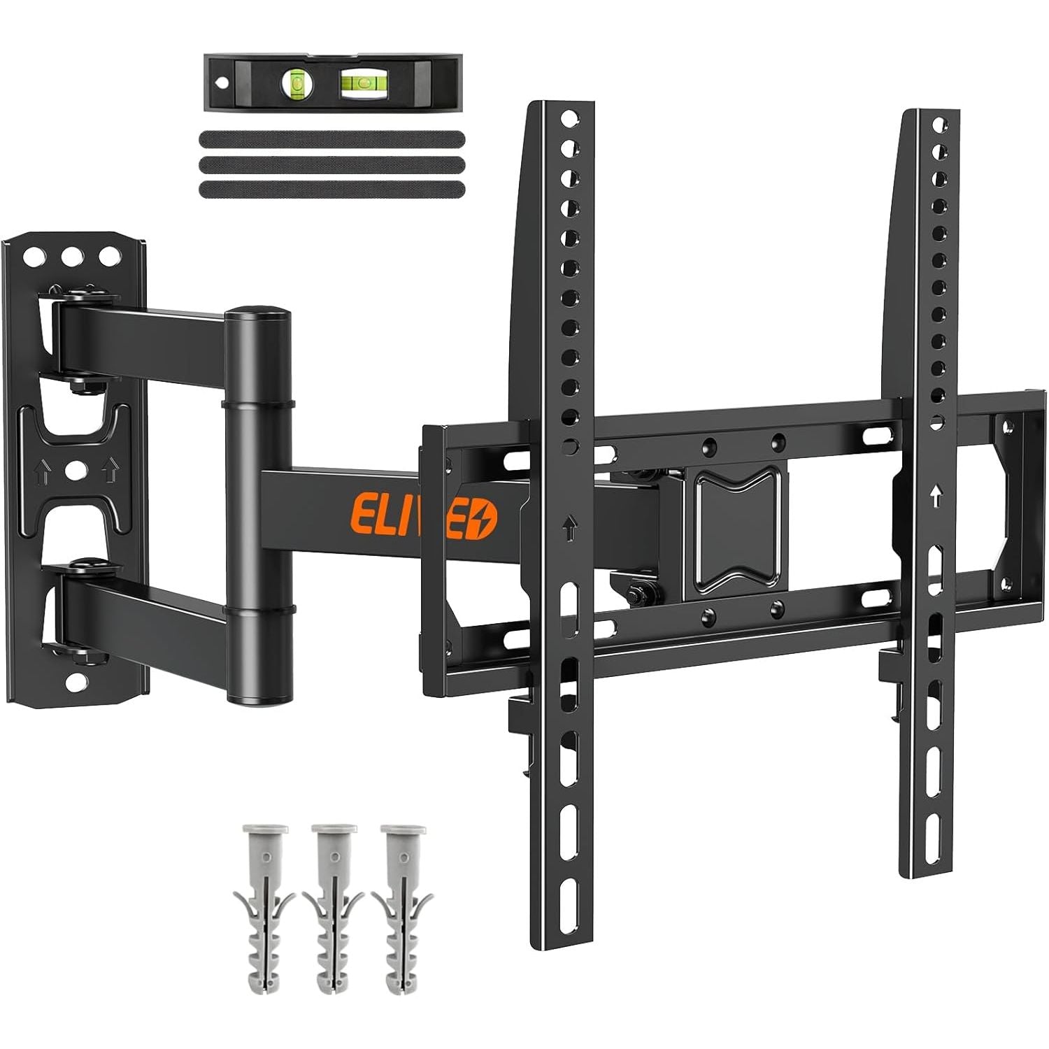 Full-motion TV wall mount with accessories on a white background