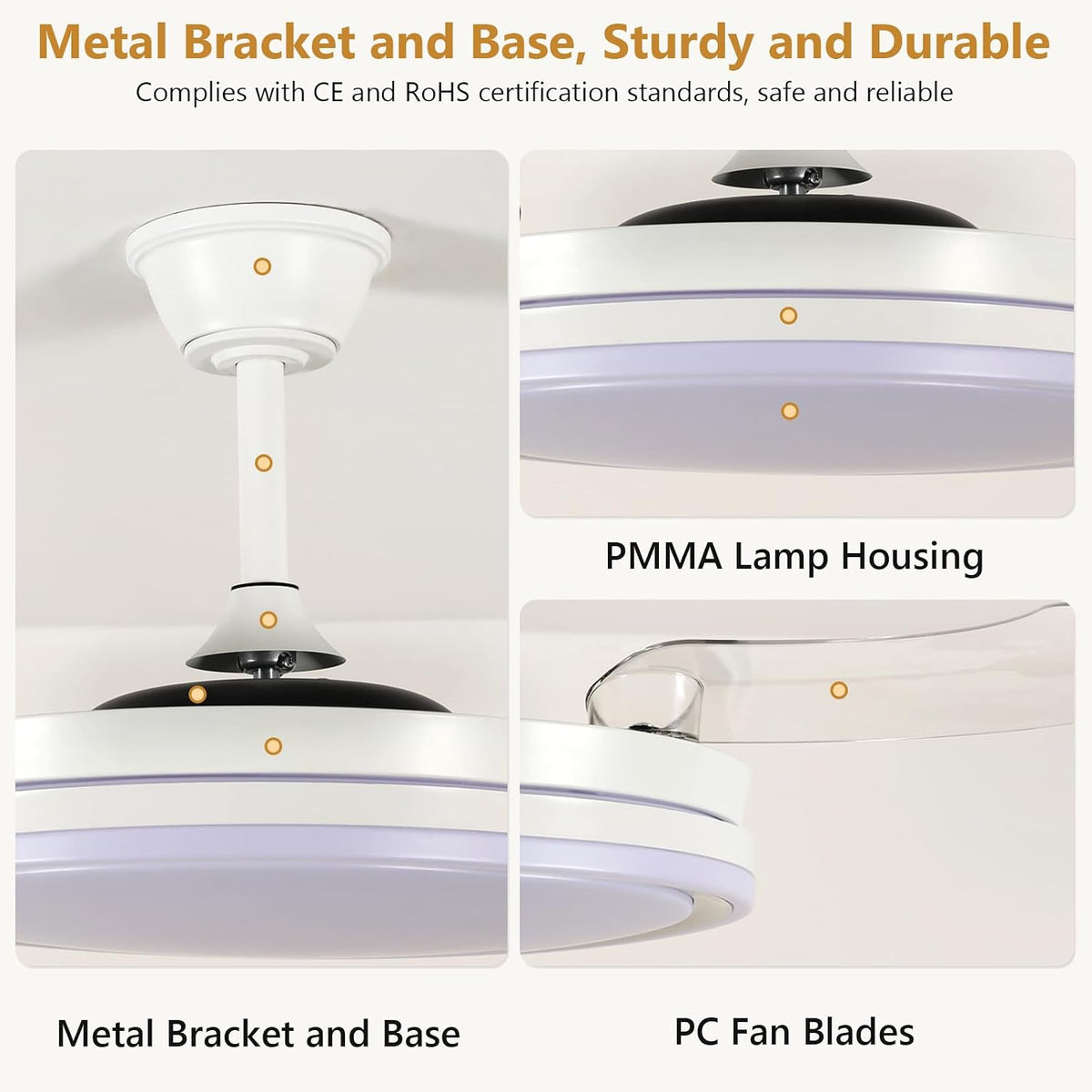 Ceiling Fan with Light Retractable 36W LED Dimmable Remote 6 Speed 3960LM Quiet