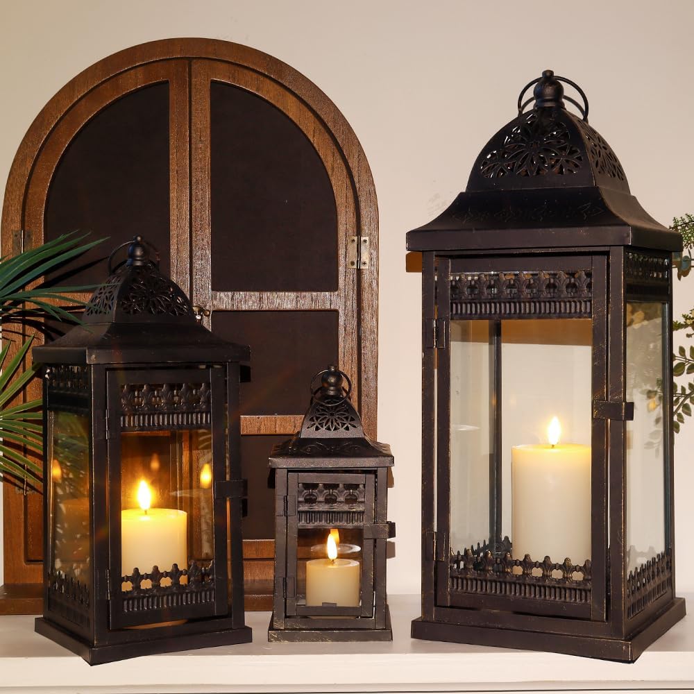 Candle Lanterns Set of 3 Vintage Black Gold Metal 51 37 24cm JHY DESIGN