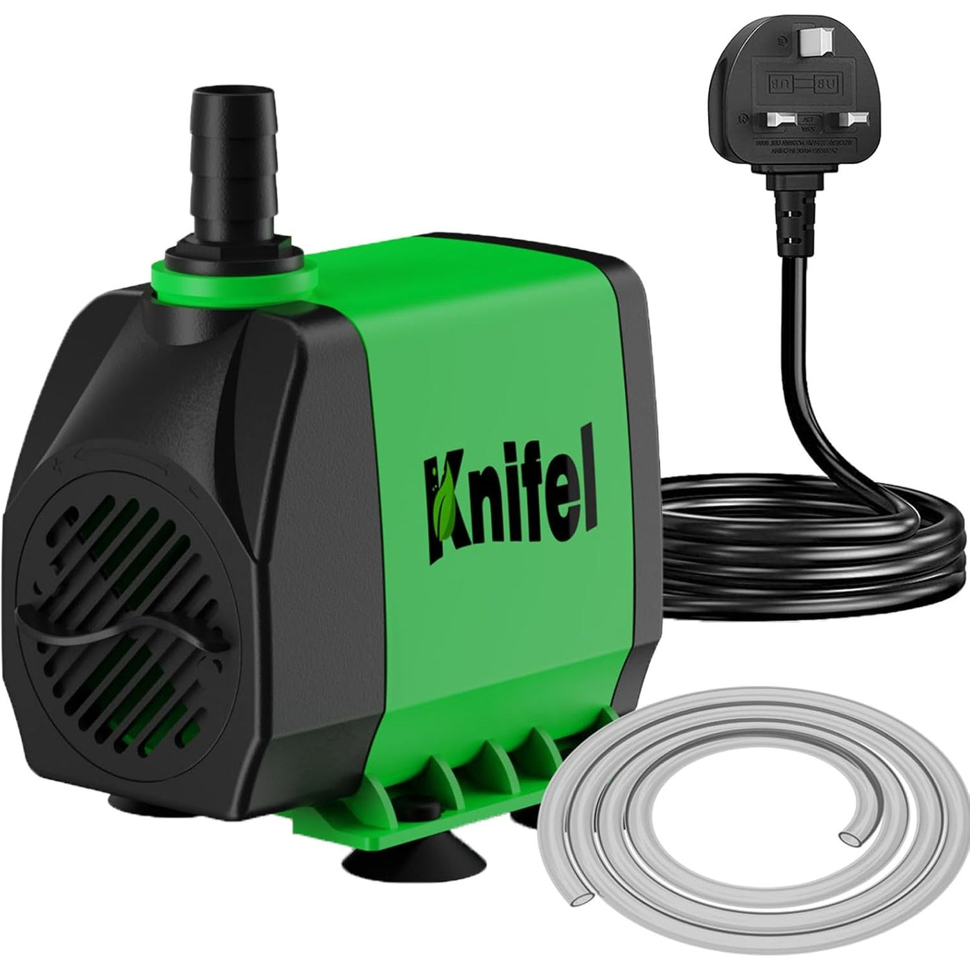 A green and black Knitel submersible aquarium water pump with a black UK three-pin power plug and a coiled clear tubing hose, shown on a white background.