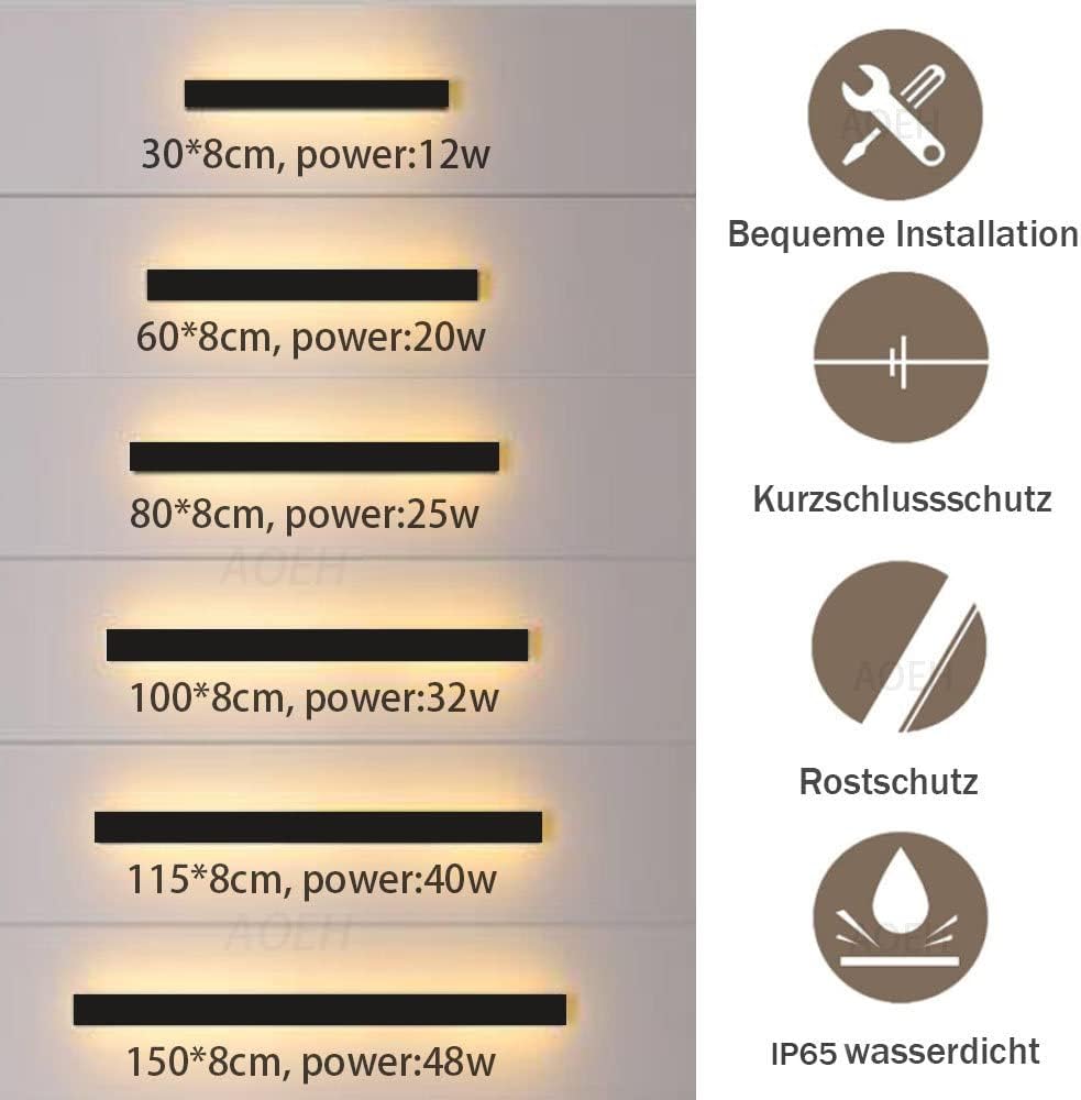 Outdoor Wall Light 60cm LED 20W IP65 Waterproof Black 3000K Garden Wall Sconce