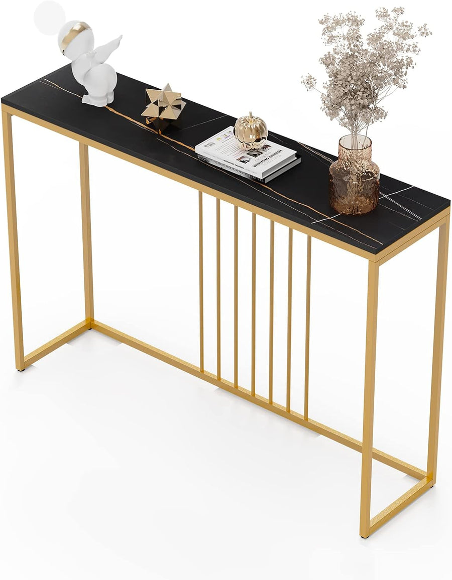 Slim Console Table 120cm, Black Marble Top with Gold Frame for Hallway, Entryway