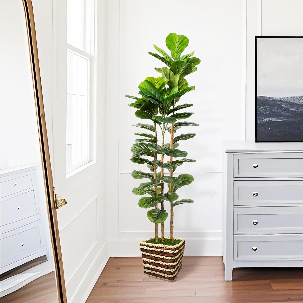 Artificial Fiddle Leaf Fig Tree 150cm Faux Plant Real Wood Trunk Woven Basket