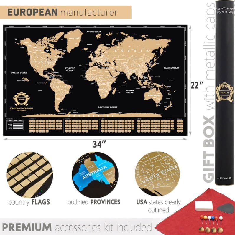 Scratch Off World Map XL Large Travel Poster Scratchable Wall Art Gift Set